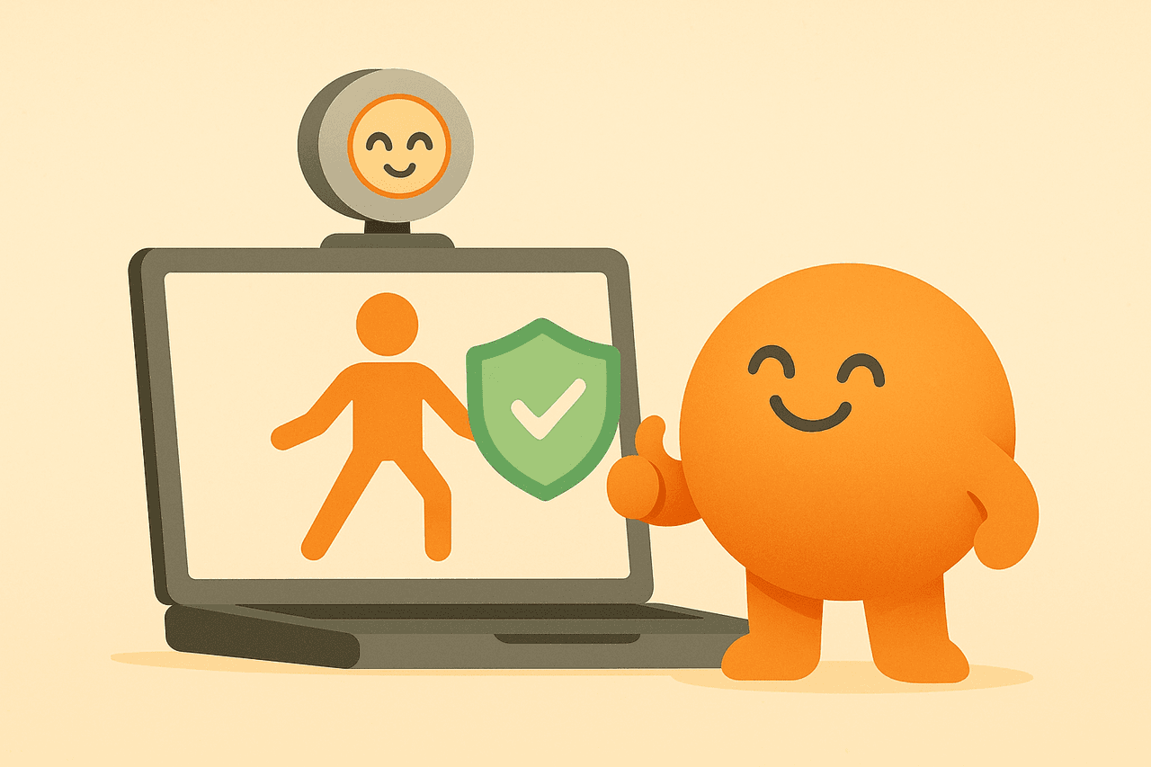 A laptop with a webcam and a privacy shield showing the video stays on the device, with the VibeFit mascot giving a thumbs up