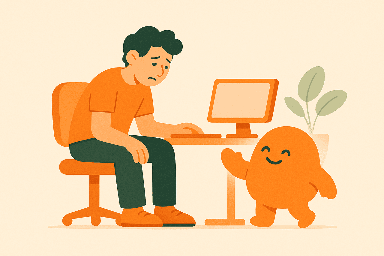 A developer slumped at their desk after sitting too long, with the VibeFit mascot encouraging them to get up