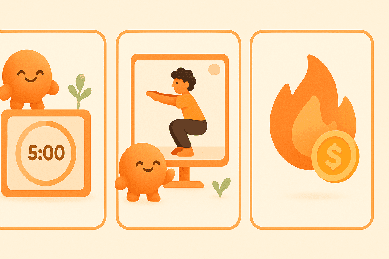 Three steps shown as cards: a break timer, a webcam verifying a squat, and a streak flame with a coin reward